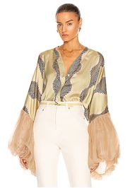 Fe Noel Gatsby Palm Wilted Sleeve Top in Green