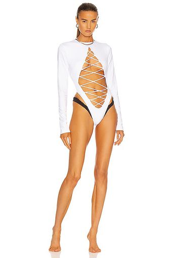 LaQuan Smith Lace Up Swimsuit in White