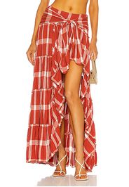 RAISA&VANESSA High Slit Plaid Maxi Skirt in Rust