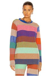 The Elder Statesman Cashmere Yatzy Stripe Ribbed Crew Sweater in Taupe,Blue