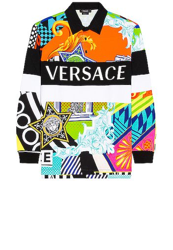 VERSACE Long Sleeve Mitchel Polo in Orange,Green,Abstract