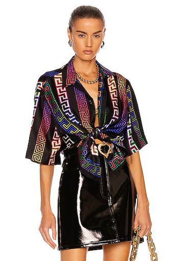 VERSACE Greca Neon All Over Silk Shirt in Black