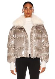 Yves Salomon Fox Collar Puffer Jacket in Metallic Silver