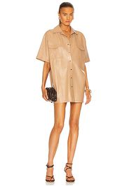 Zeynep Arcay Oversized Leather Shirt Dress in Beige