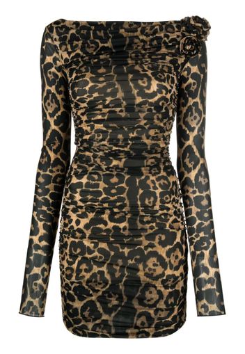 Rose-Appliqué Leopard Dress