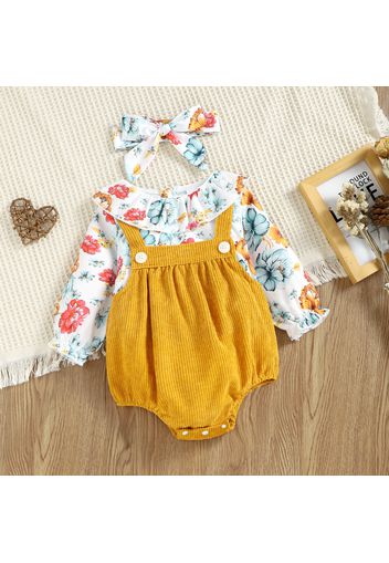 100% Cotton 2pcs Baby Girl Floral Print Ruffle Collar Long-sleeve Splicing Corduroy Faux-two Romper Set