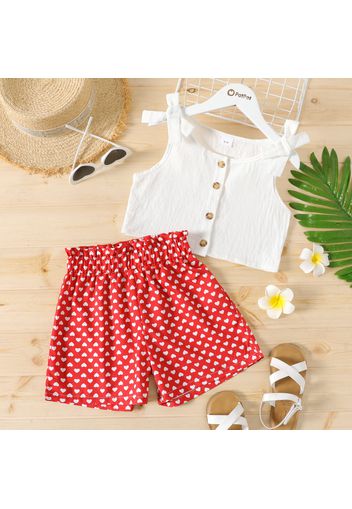 2-piece Kid Girl Bowknot Button Design Sleeveless Top and Heart Print Paperbag Shorts Set