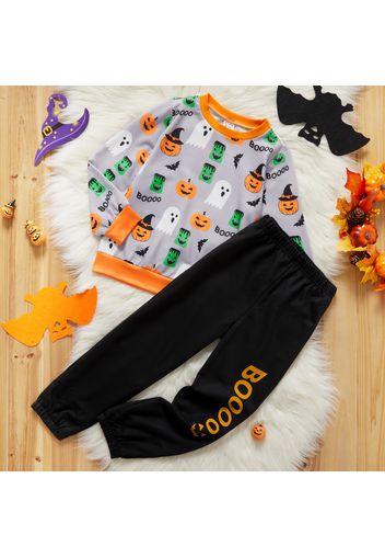 2-peice Kid Boy Halloween Ghost Pumpkin Print Pullover and Letter Print Black Pants Set