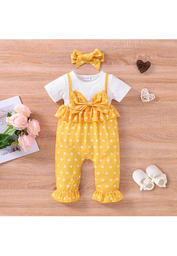 2pcs Baby Girl Polka Dots Faux-two Ribbed Short-sleeve Bowknot Ruffle Jumpsuit with Headband Set