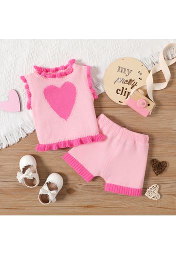 2pcs Baby Girl Contrast Color Knit Lettuce Trim Love Heart Pattern Tank Top and Shorts Set