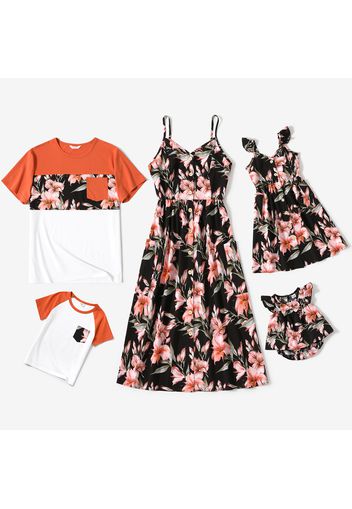 Family Matching Allover Floral Print V Neck Spaghetti Strap Button Dresses and Colorblock Short-sleeve T-shirts Sets