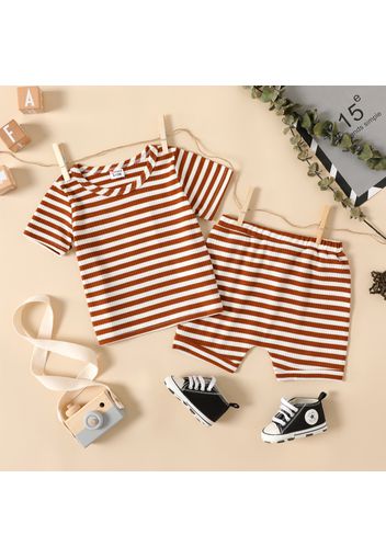 2pcs Baby Girl Striped Ribbed Short-sleeve Top and Shorts Set