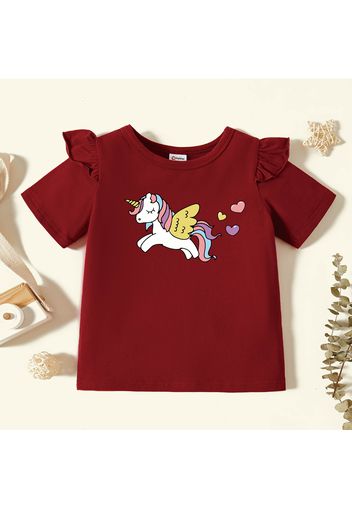 Toddler Girl Graphic Unicorn and Heart Print Ruffled Short-sleeve Tee