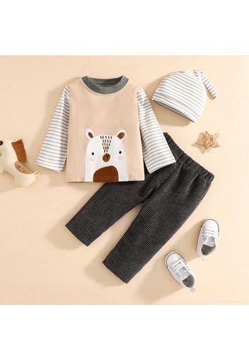 3pcs Baby Boy Polar Bear Pattern Splicing Striped Long-sleeve Top and Solid Corduroy Trousers Set