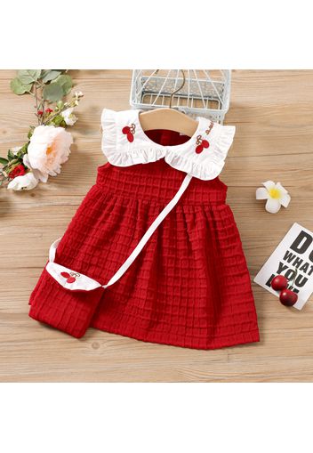 2pcs Baby Girl Cherry Embroidered Ruffle Collar Red Seersucker Sleeveless Tank Dress with Crossbody Bag Set