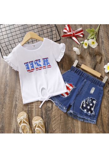 Independence Day 2pcs Toddler Girl Bowknot Design Ruffled Short-sleeve Tee and Ripped Denim Shorts Set