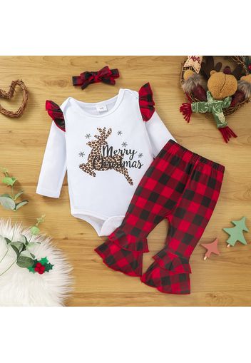 Christmas 3pcs Baby Leopard Reindeer Letter Print Long-sleeve Romper and Red Plaid Bell Bottom Pants Set