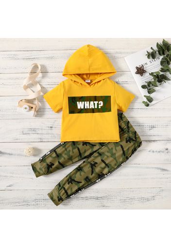 2pcs Toddler Boy Trendy Letter Camouflage Print Hooded Tee and Pants Set