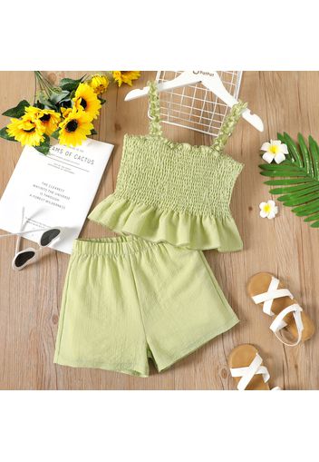 2pcs Kid Girl Smocked Solid Color Camisole and Elasticized Shorts Set