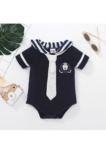 Baby Boy/Girl 95% Cotton Short-sleeve Sailor Collar Necktie Decor Bear Embroidered Romper