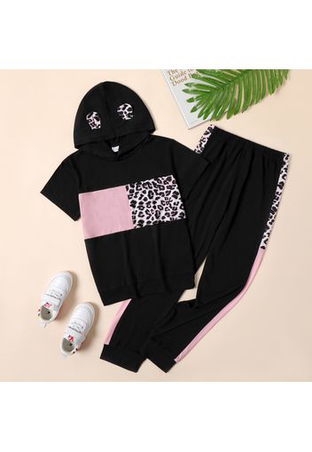 2-piece Kid Girl Leopard Print Short-sleeve Hoodie and Elasticized Pants Set