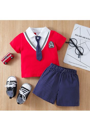 2pcs Baby Boy Preppy Style Necktie Faux-two Short-sleeve Top and Striped Shorts Set