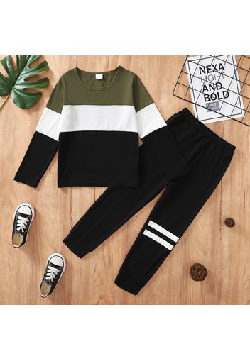 2-piece Kid Boy Colorblock Long-sleeve Top and Striped Pants Set