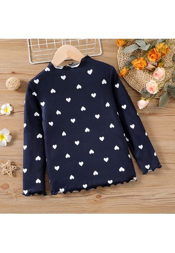 Kid Girl Heart Print Lettuce Trim Mock Neck Long-sleeve Tee