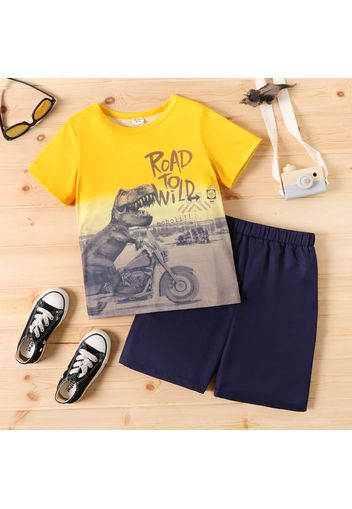 2pcs Kid Boy Letter Dinosaur Print Colorblock Short-sleeve Tee and Dark Blue Shorts Set