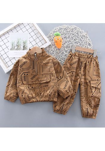 2-piece Toddler Boy Allover Geometric Print Stand Collar Zipper Sweatshirt and Elasticized Cargo Pants with Pocket Set