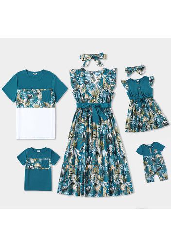 Family Matching All Over Floral Print Blue V Neck Ruffle Dresses and Short-sleeve Splicing T-shirts Sets