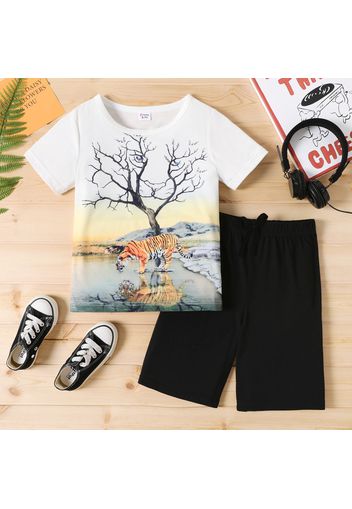 2-piece Kid Boy Animal Print Short-sleeve Tee and Elasticized Elasticized Shorts Set