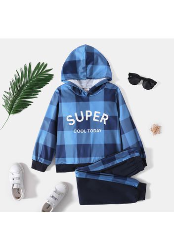 2-piece Kid Boy Letter Print Plaid Hoodie Sweatshirt and Elasticized Pants Set