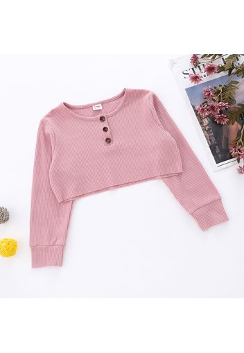 Kid Girl Button Design Solid Long-sleeve Crop Tee