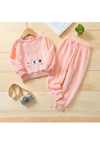 2-piece Toddler Girl Cat Pattern Fuzzy Pullover and Pink Pants Set