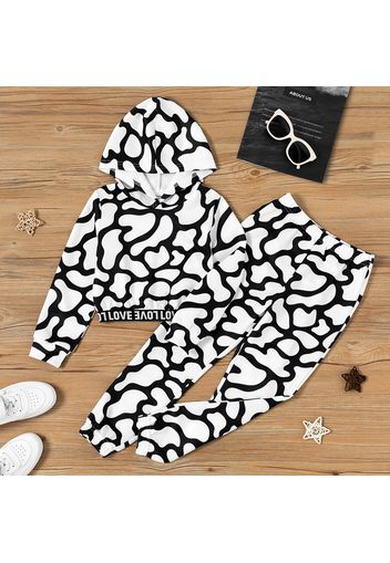 2-piece Kid Girl Letter Print Hem Crop Hoodie Sweatshirt and Elasticized Allover Print Pants Set