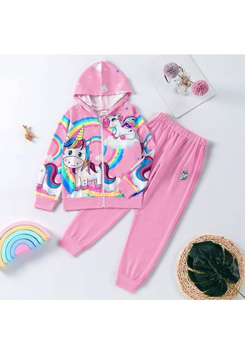 2-piece Kid Girl Rainbow Unicorn Print Zipper Hoodie Sweatshirt and Pants Set