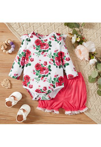 Baby Girl 2pcs Solid and Floral Print Long-sleeve Romper and Shorts Set