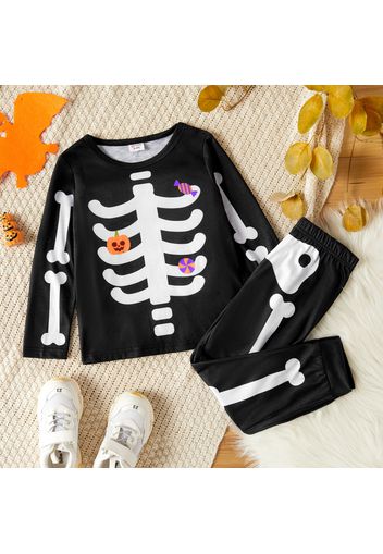 2-piece Toddler Boy Halloween Pumpkin Bone Print Pullover and Elasticized Pants Set