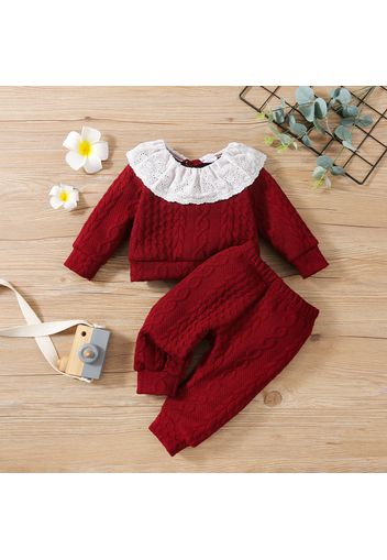 2pcs Baby Solid Imitation Knitting Ruffle Long-sleeve Cotton Top and Pants Set