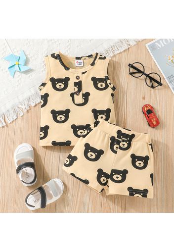 Cotton 2pcs Baby Boy/Girl All Over Cartoon Bear Print Tank Top and Shorts Set