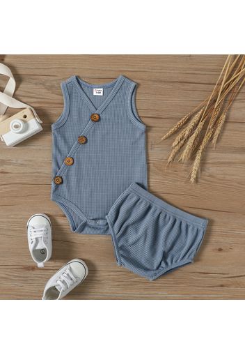 Baby Boy Button Front Solid Waffle Sleeveless Tank Romper with Shorts Set