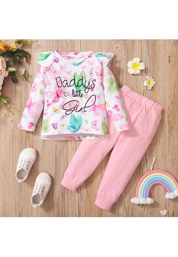 2-piece Toddler Girl Ruffled Letter Butterfly Print Long-sleeve Tee and Elasticized Pink Pants Set