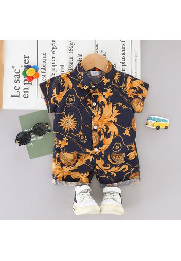 100% Cotton 2pcs Baby Boy Allover Print Short-sleeve Button Up Shirt and Shorts Set