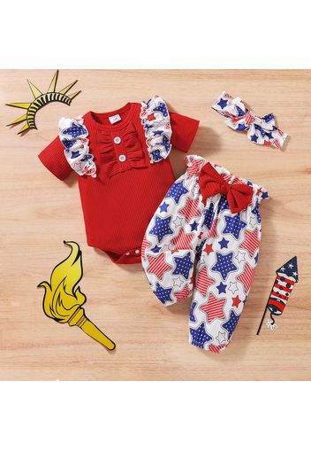 Independence Day 3pcs Baby Girl 95% Cotton Ribbed Short-sleeve Ruffle Romper and All Over Stars Print Pants with Headband Set