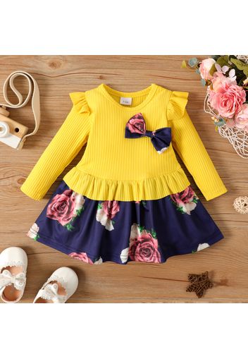 Baby Girl Ruffle Ribbed Long-sleeve Splicing Floral Print Bowknot Dress