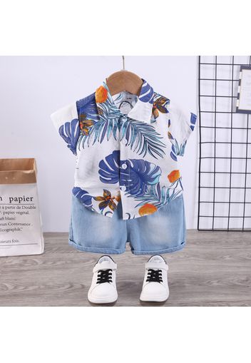 2pcs Baby Boy 95% Cotton Short-sleeve Tropical Plant Print Shirt and Denim Shorts Set