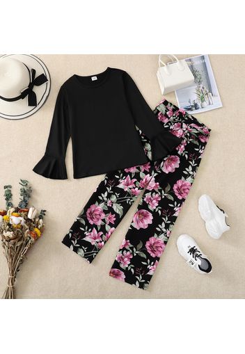 2-piece Kid Girl Solid Color Long Bell sleeves Tee and Floral Print Belted Straight Pants Set