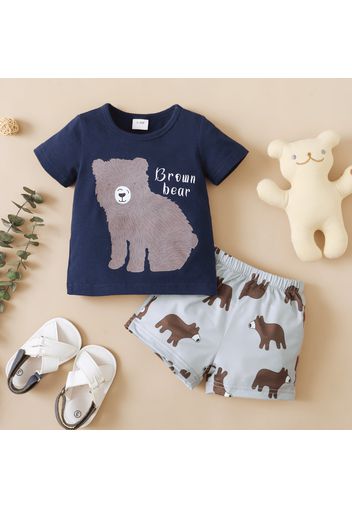 2pcs Baby Boy Brown Bear Print Short-sleeve T-shirt and Shorts Set