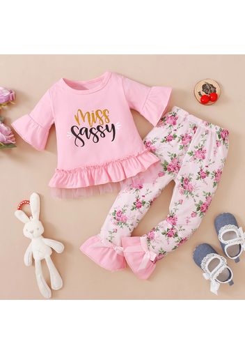 Cotton 2pcs Baby Girl Letter Print Bell Sleeve Ruffle Top and Floral Print Leggings Set